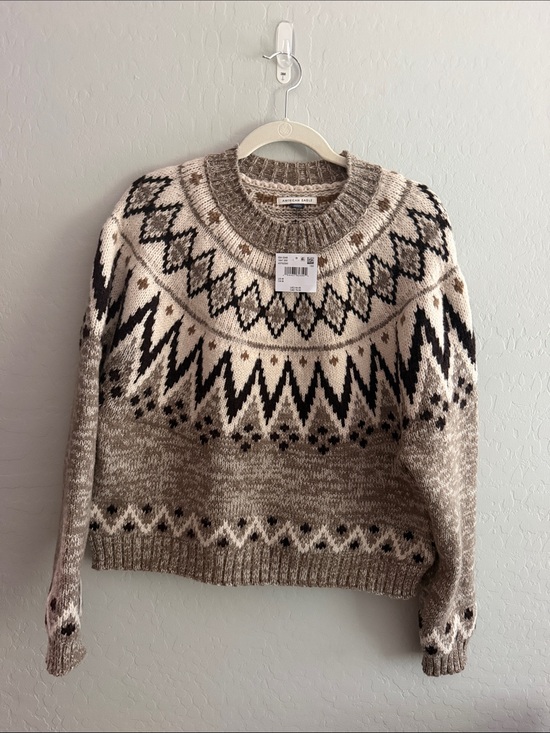 American Eagle Outfitters Sweaters - American Eagle Outfitters Cream, Taupe & Black Fair Isle Crew Sweater M